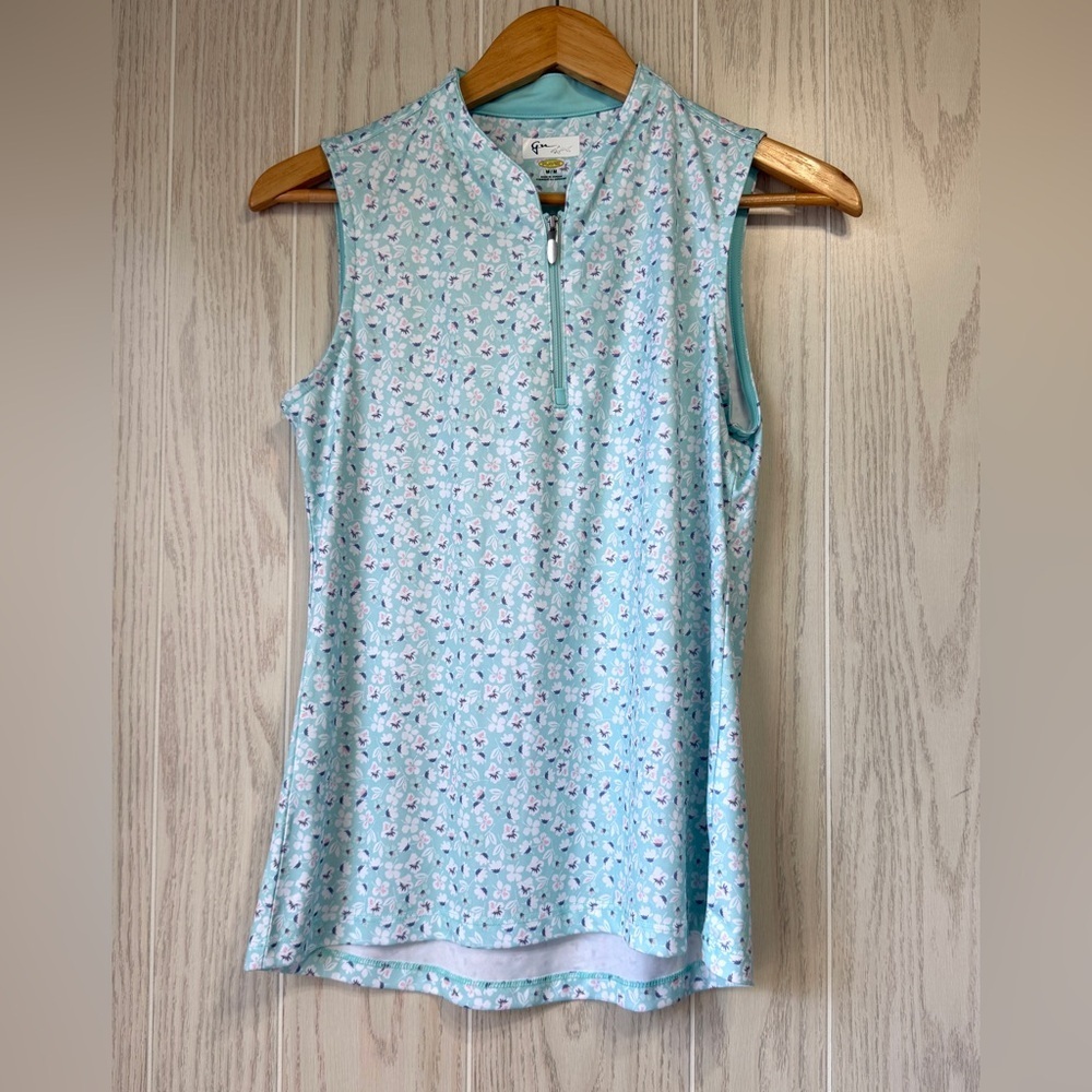 Greg Norman Aqua Floral Sleeveless Golf Polo Size M LNC